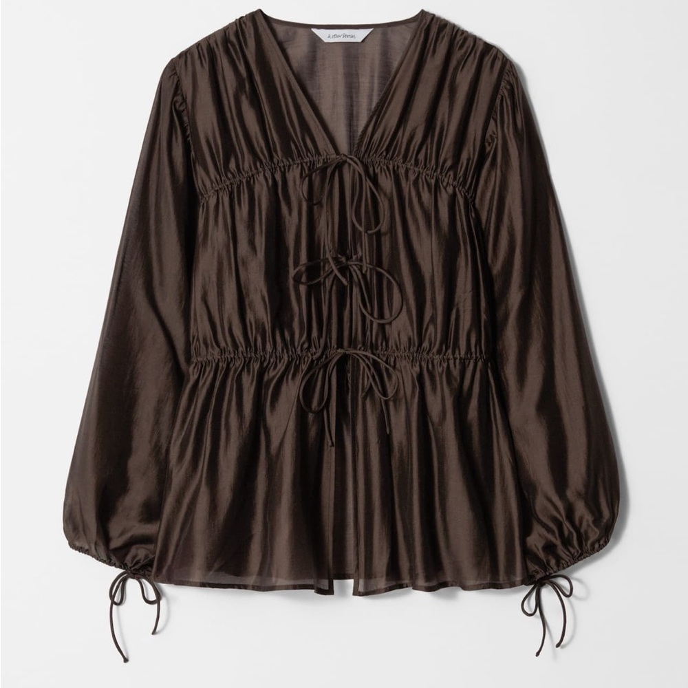 Aritzia Brown Satin Tie-Front Peasant Blouse